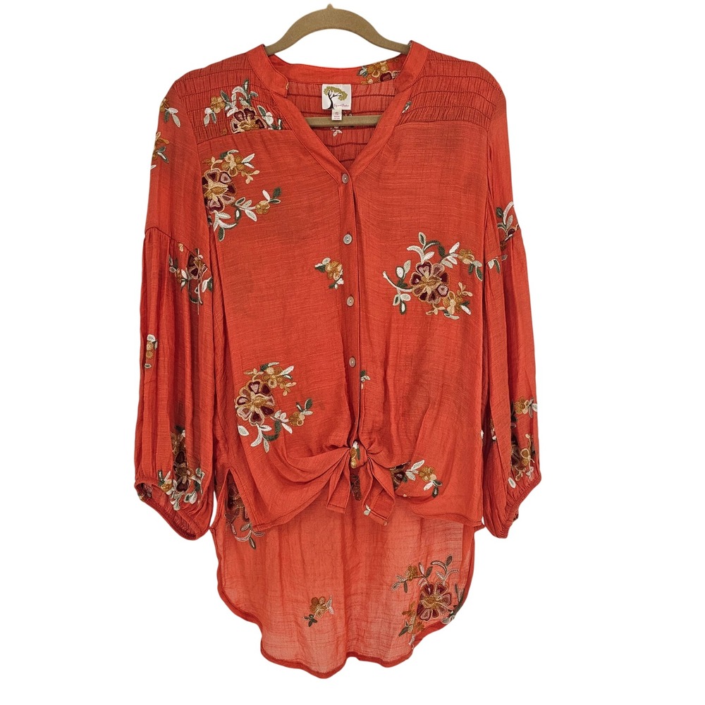 Fig and Flower Embroidered Boho Blouse S Orange Smocked Balloon Sleeve Tie Front